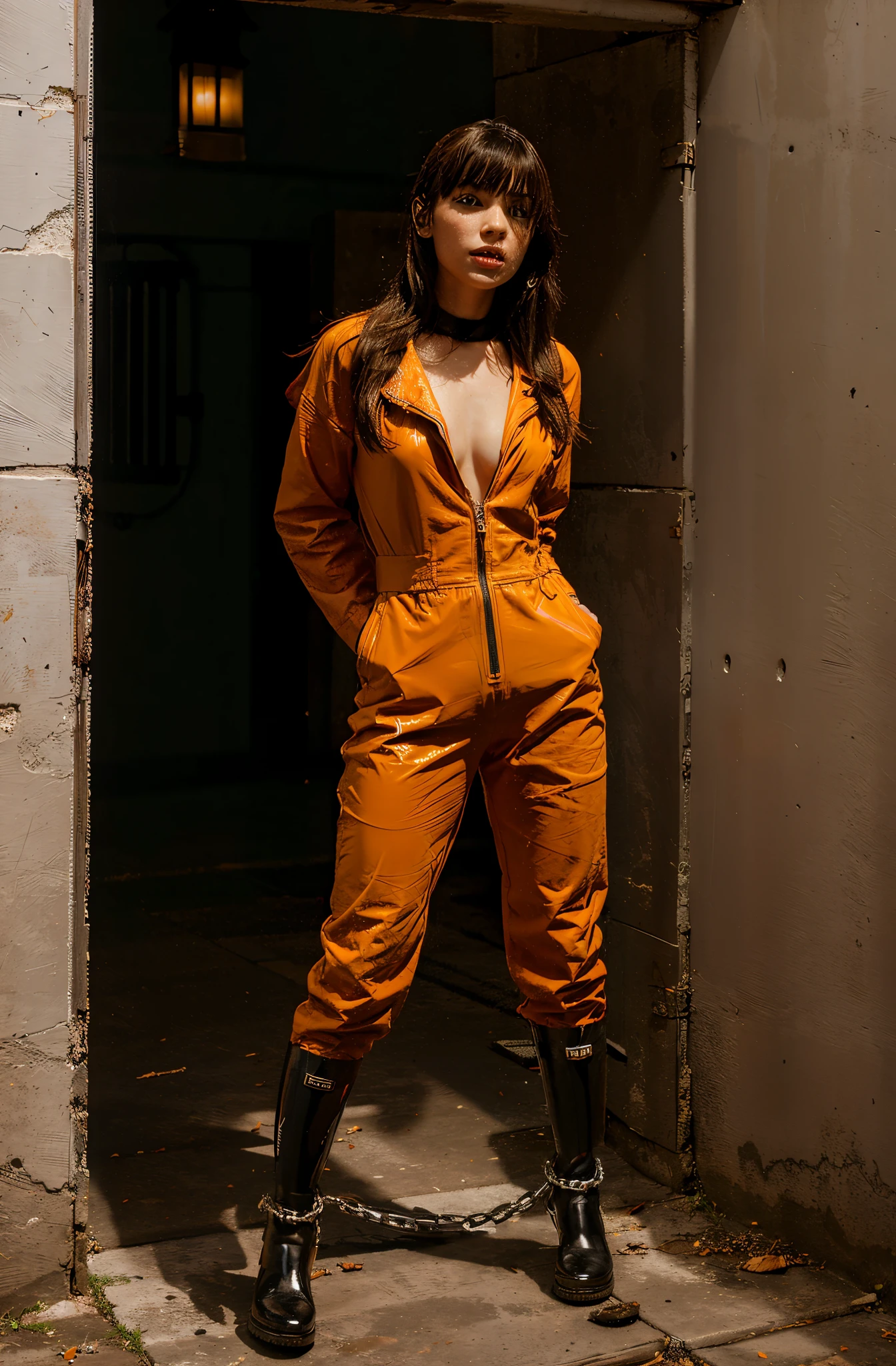 draw a big steel chain between her feet