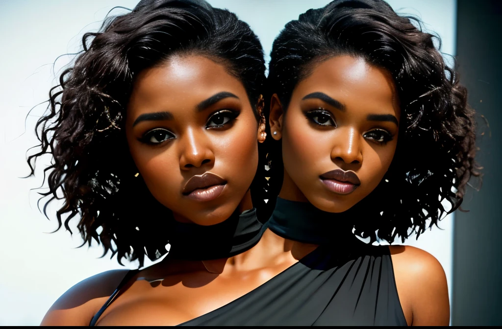 ebony woman, woman with two heads, 2 heads, (to8contrast style), (Close-up portrait), open mouth, 8k RAW photo, highest quality, detailed hazel eyes, eye reflection, winged eyeliner, (looking at the viewer:1.3), best shadow, intricate details, interior, (bold hair:1.3), muted colors, high contrast style, glam shot, smoldering, (sultry:1.1), dof, bokeh, intense, languid, tempting, , seductive, longing, yearning, smitten, dark photography studio, minimal lighting, deep shadows, stark contrasts, dramatic highlightlack backdrop:1.2), dimples, fullness, plumpness, natural blue lips, bold color, alluring, captivating, striking, unforgettable, stunning, breath-taking, timeless beauty. (bare shoulders:1.2), headshot