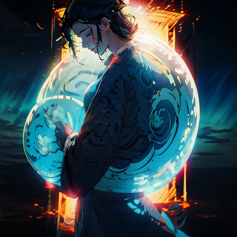 Fotografia de mascaramento duplo, sobre a paisagem do lago, translucent luminous jellyfish like a huge moon , Directed by: Dan Mountford, Directed by: Dan Hillier, vivid colors, negative space, photo illustration. High in the night sky, reflection. Floresta