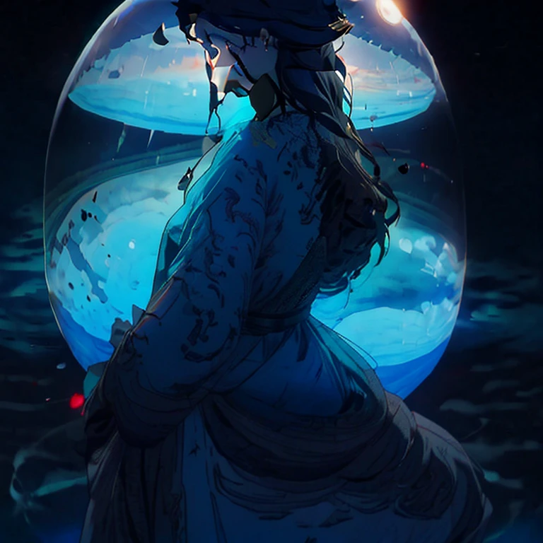 Movie poster making, horror, eerie atmosphere, night, big scene, sea, horror, vista, the subject is a man's back in front of the camera, the background is a woman in a white dress, big scene, there is a very small figure in the distance, --v 6