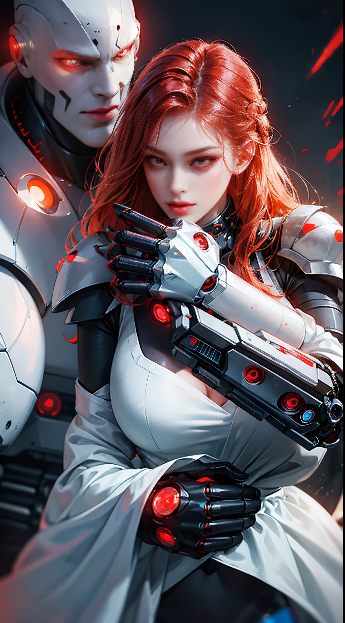 Cyborg woman, cybernetic beautiful face, glowing red eyes, red luminous eyes, futuristic combat armor, fully robotic arms, fully robotic body, robotic prosthetics, robotic chin, robotic eye, robotic nose