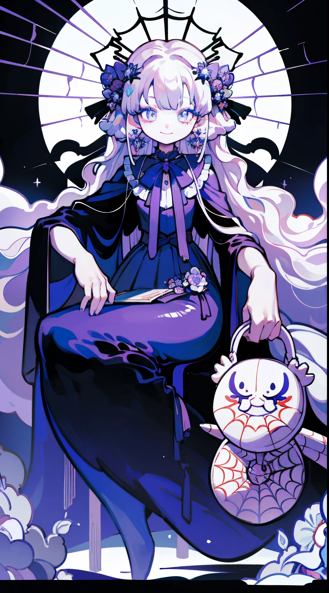 Masterpiece, best quality, high quality, ultra detailed, Personification of the spider, yandere smile, Yuru Chara Style, spider web, looking at viewer, black and purple theme