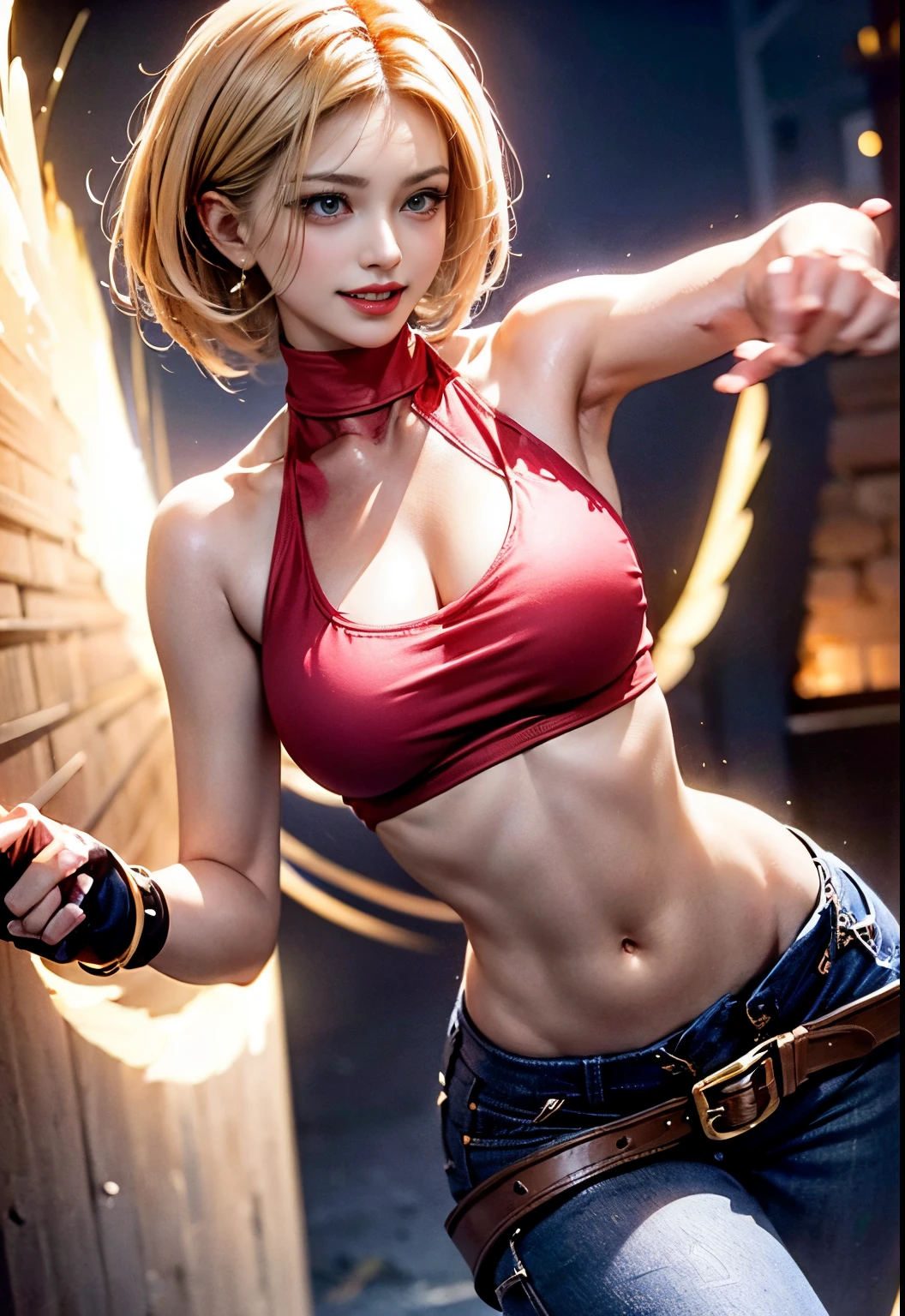 Upper body, 1girl in, (Angelum:1.4), Large breasts, Panties, Midriff, facing side, Looking at Viewer, (the presence of large cleavage in the chest), Cropped jacket、Grinning、A detailed eye、A detailed face、motion-blur、((tremble for、kick、Highkick、while leaning your body、capoeira kick)),