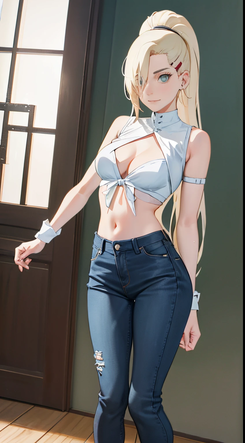 Ino yamanaka， schneit， sat，Spaltung，smil，Rot im Gesicht sein，drinnen im Zimmer，Nahaufnahme Nahaufnahme，mit einer guten Figur,mid large breasts,enges, open white shirt,Blaue skinny Jeans,both arms behind the back,perfekter Arsch,Ansicht von hinten,ansicht auf den Arsch,Arsch guckt in die Kamera,runder arsch,zeigt ihren Arsch, sidelighting, light particles, wallpaper,