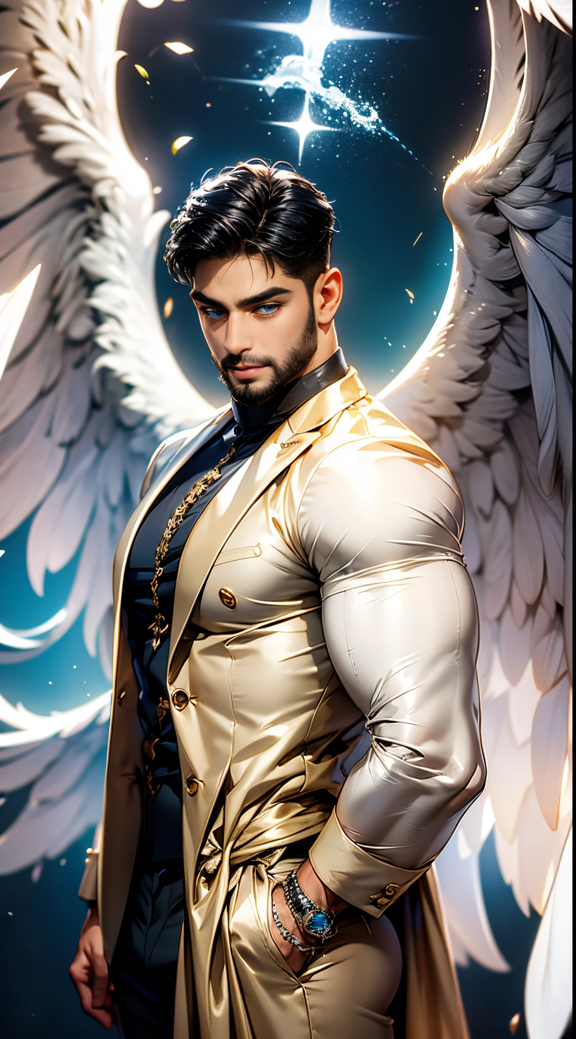 (best quality,ultra-detailed,realistic:1.37), Daegan Tronos Character(1), handsome, dark skin, dark-tanned, perfect wings angel, symmetrical wings,blue eyes,small beard, medium-long haircut,casual outfit, urban italian clothing, trench coat, man stance, attractive,vibrant colors, modern long outfit, fight punch pose, epic wallpaper.