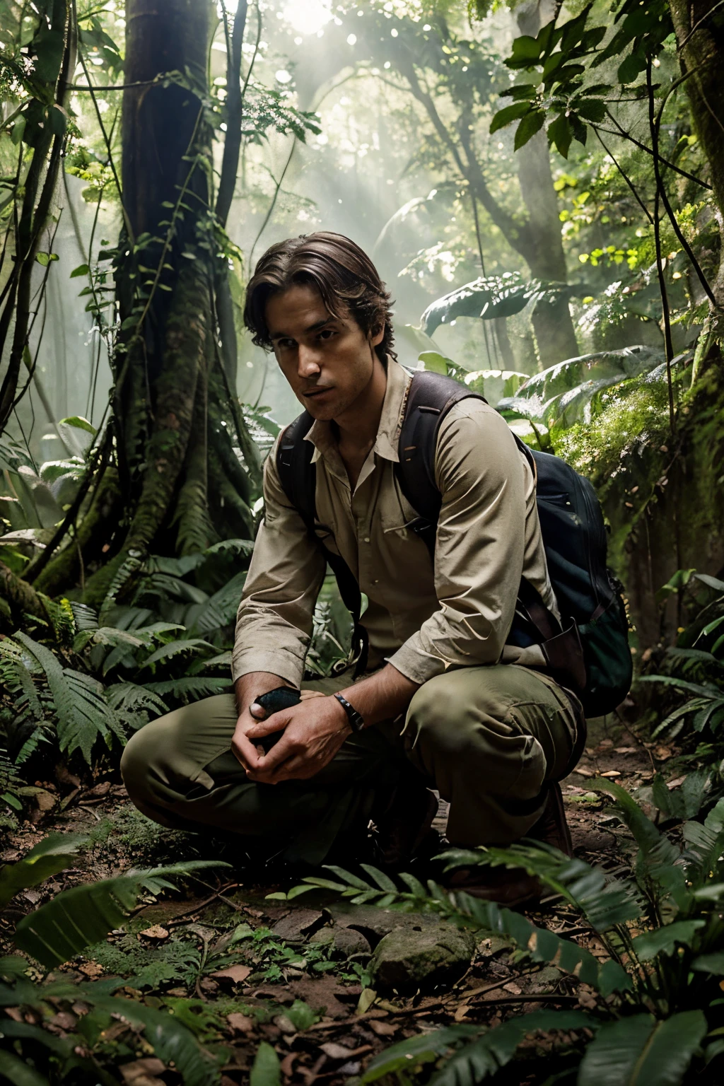 Imagine an exploration scene in a dense and mysterious jungle, where sunlight filters through the thick tree canopies, casting intricate patterns of shadows on the forest floor. Lush vegetation surrounds the explorer, with towering trees forming a green canopy above.
Ancient ruins peek through the foliage, evidence of a long-lost civilization. Weathered stones covered in moss and vines add an aura of antiquity and intrigue to the landscape.
The gentle sound of a nearby stream adds a serene touch, and small wild creatures peek out from among the leaves. Soft sunlight filters through the trees, illuminating the explorer's weathered attire and equipment, telling a tale of a seasoned journey.
Our explorer, dressed practically for the journey, holds a worn map in one hand, studying it intently amid the ruins. His face reflects determination and curiosity, conveying the excitement of discovery. This realistic snapshot captures the essence of exploration, revealing the beauty and challenges of the natural environment as the explorer connects with the past and unravels the hidden secrets of the jungle.