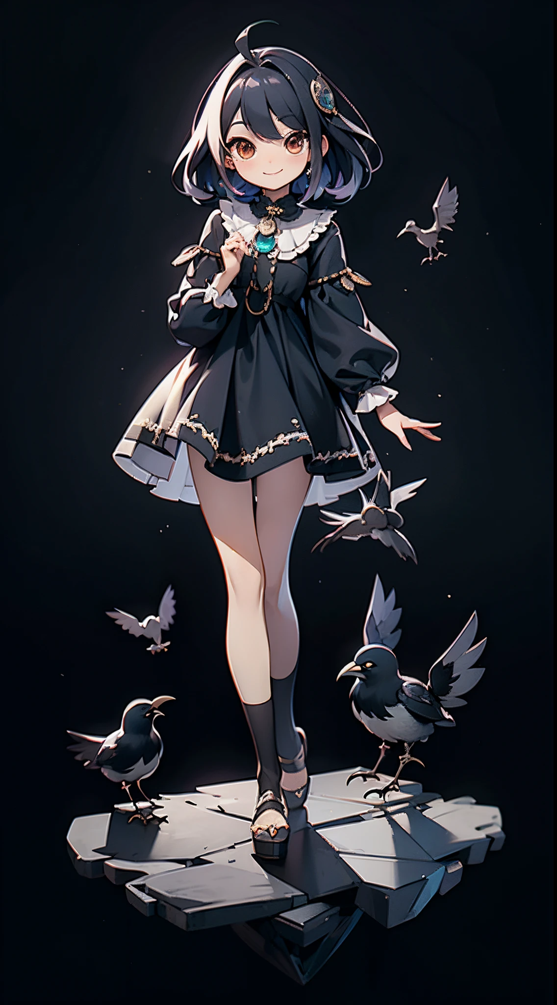 Masterpiece, best quality, high quality, ultra detailed, Personification of the crow, smile, Yuru Chara Style, lots of gems, coins, looking at viewer, black theme