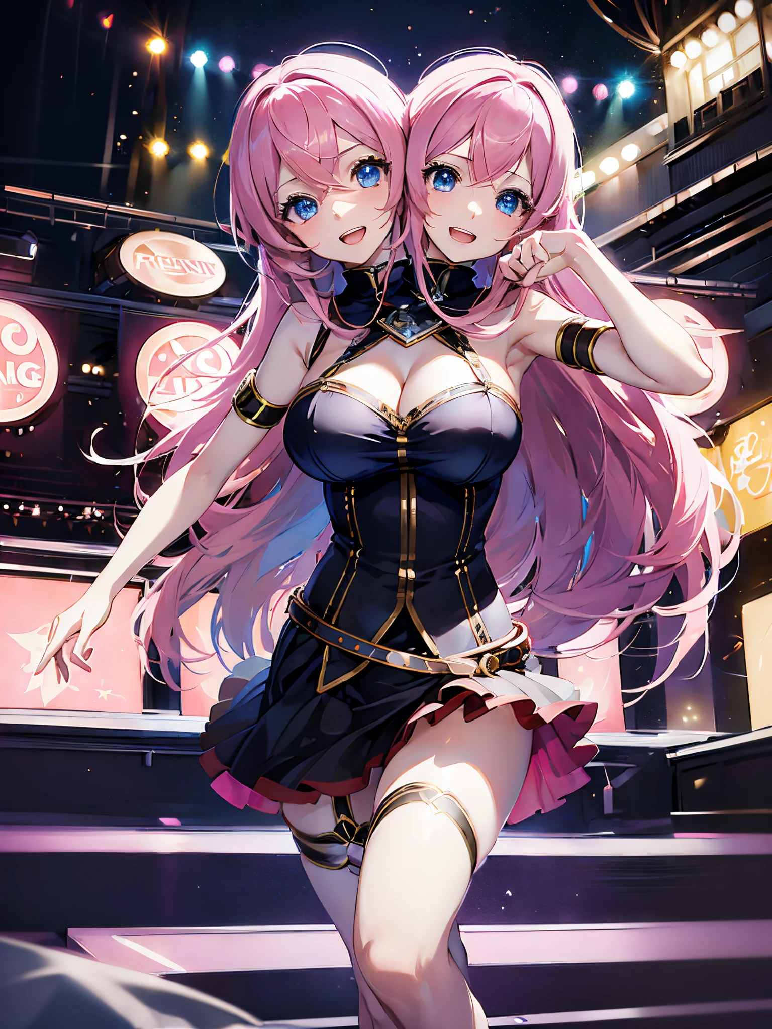 (masterpiece, best quality), best resolution, (2heads:1.5), 1girl, megurine luka cosplay, pink hair, blue eyes, dancing, open mouth, singing, outdoor stage, outside convention center at night, multicolored lights