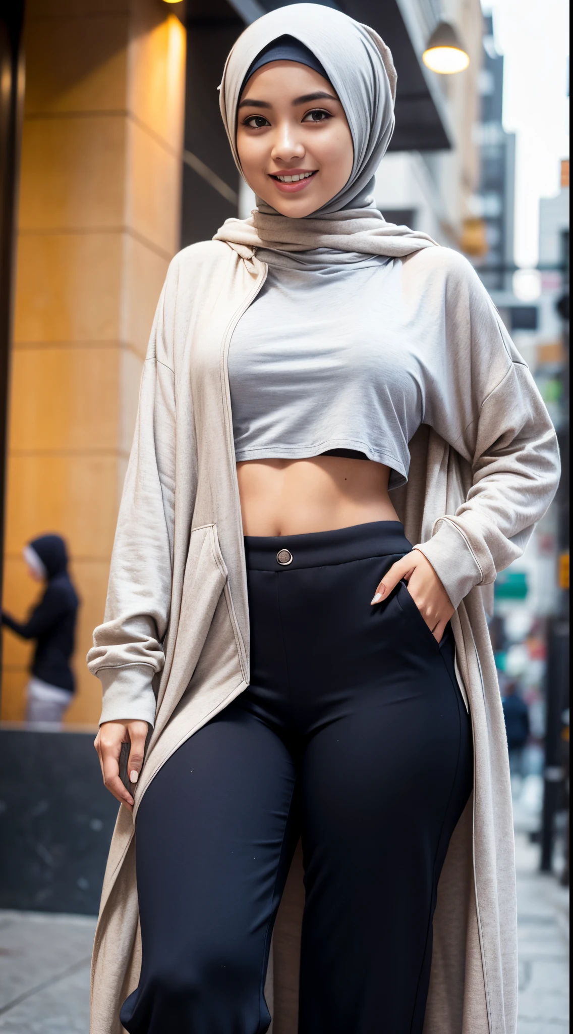 ( 
    (Character: one Indian woman, nerd, Stocky)
    (Clothing:workout chothes, green hijab),(sfw:1.3)
    (Pose: full body shot:1.7)
    (Posing against a city street at night)
    (Abstract colors, texture, film grain, analog style, cinematic movie still frame, green color scheme)
    (Style: ((masterpiece:1.5)), (face detailed), photo-realistic:1.3, hyperrealistic, film grain, realistic lighting, backlighting:1.3)
)