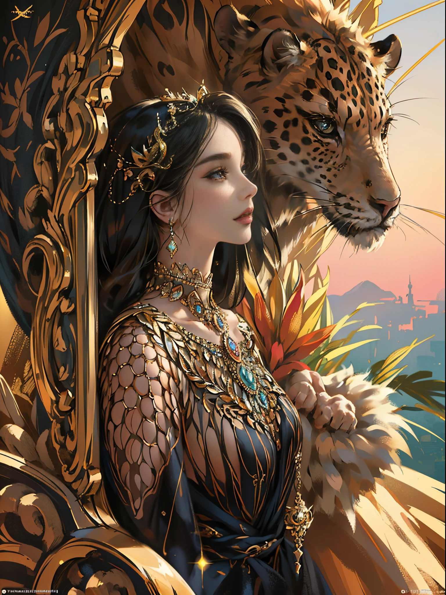 leopard motif、Vibrant colors、((​masterpiece)))、(((top-quality)))、((ultra-detailliert))、(A hyper-realistic)、(highly detailed CGillustration）、Official art、Land of Africa、Gorgeous、Elegance、supreme elegance、exoticism、Decadent、Brown-skinned、Black Beauty、Masquerade、bewitching、best beauty、sophisticated menegance、Gorgeous、Colorful and detailed mask design、matchless beauty、extremely detailed and beautiful eyes、Woman in her 30s、Sparkling Jewelry、Female Solo、Perfect Angle、perfect-composition、Well-formed contours