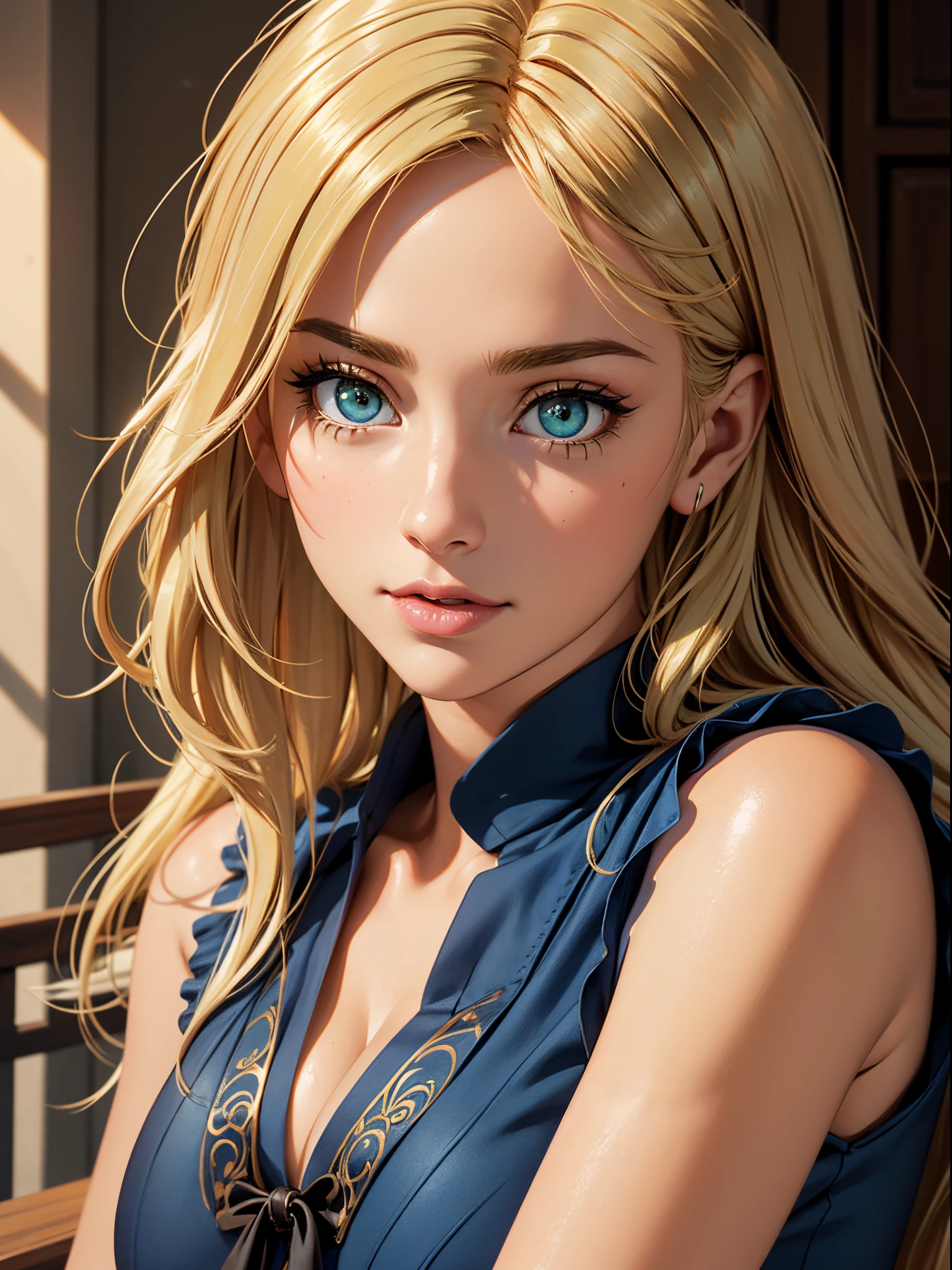 masutepiece, Best Quality, High quality, High Definition, high quality texture, high quality shadow, high detailing, Beautiful detailed, Finely detailed, extremely details CG, Detailed texture, realistic representation of face, Realistic, Colorful, Delicate, Cinematic Light, side lights, Lens Flare, Ray tracing, Sharp Focus, (Intricate details), (Detailed beautiful delicate face, Detailed beautiful delicate eyes, A perfectly proportioned face, High detailed skin, Detailed skin, best ratio four finger and one thumb, upperbody shot, (Large breasts), (cleavage), ((Smooth texture, Realistic texture, Photorealistic)), (Detailed beautiful eyes, Beautiful eyelashes, Green eyes), (((green eyes))), (golden semi-long hair), (((golden hair))), 1 girl, at poolside, (((blue sailor shirt, Sleeveless, Open front))), (Beautiful face, Cute face, Detailed face), Sunny, Perfect Eyes Eyes
