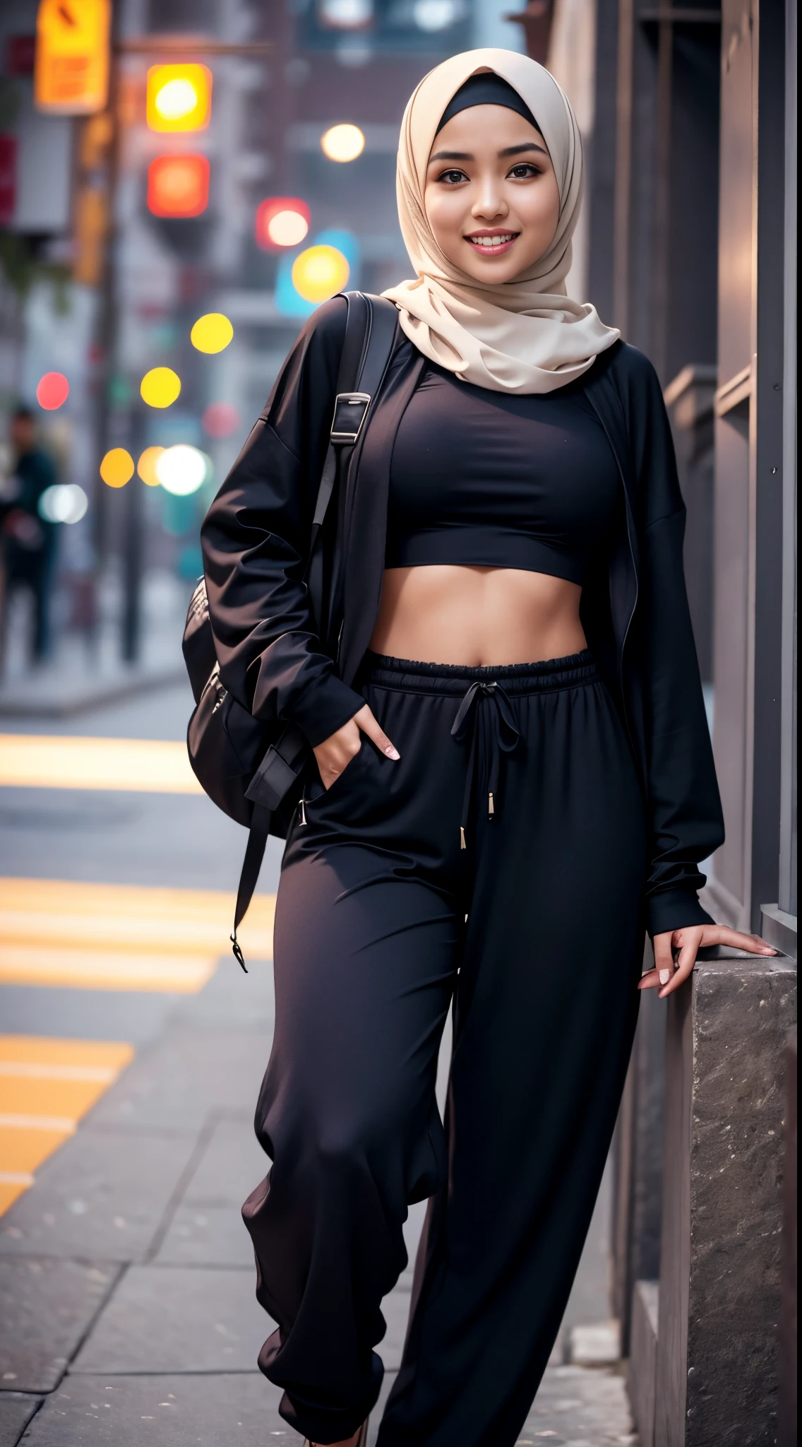 (
(Character: one Indian woman, Stocky)
(Clothing: black workout clothes, green hijab, workout shoes)
(Pose: full body shot:1.7, dynamic pose)
(blurry, intense urban lights in background)
(Style: ((masterpiece:1.5)), (face detailed), photo-realistic:1.3, hyperrealistic, foggy, high contrast, shiny skin, soft lighting, backlighting, bloom, light sparkles, chromatic aberration)