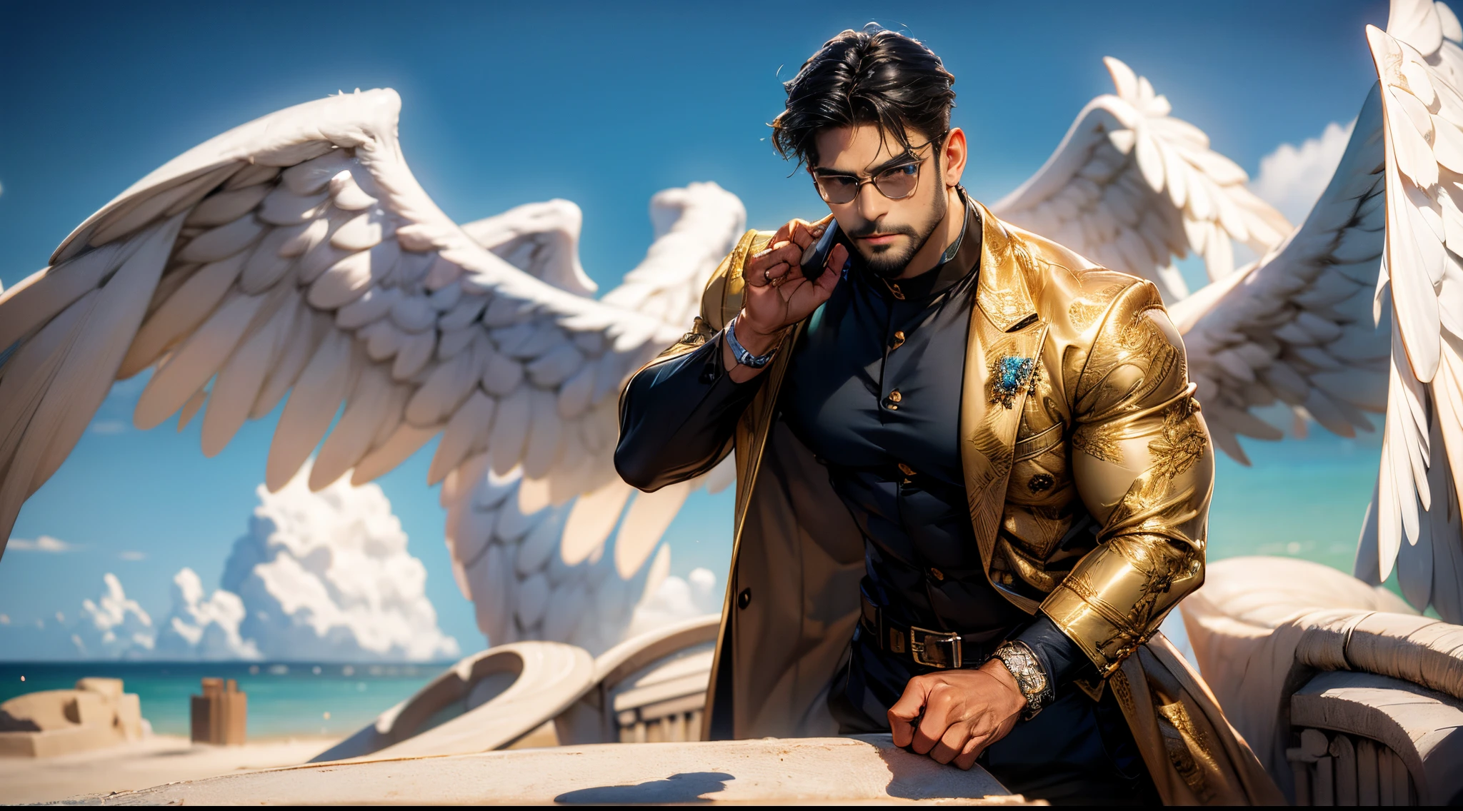 (best quality,ultra-detailed,realistic:1.37), Daegan Tronos Character(1), handsome, dark skin, dark-tanned, perfect wings angel, symmetrical wings,blue eyes,small beard, medium-long haircut,casual outfit, urban italian clothing, trench coat, man stance, attractive,vibrant colors, modern long outfit, fight punch pose, epic wallpaper.