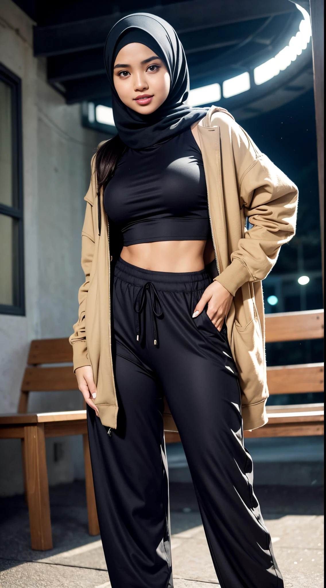 imdonesian girl in hijab wear big oversized loose hoodie and high waist pants, seating, wear back pack, front view, detail skin, detail skin texture, mole below eyes, big breast, big hip, big waist, big thigh, slim abs, beautiful body, evening, laughing, happy, bright lighting, blur background,