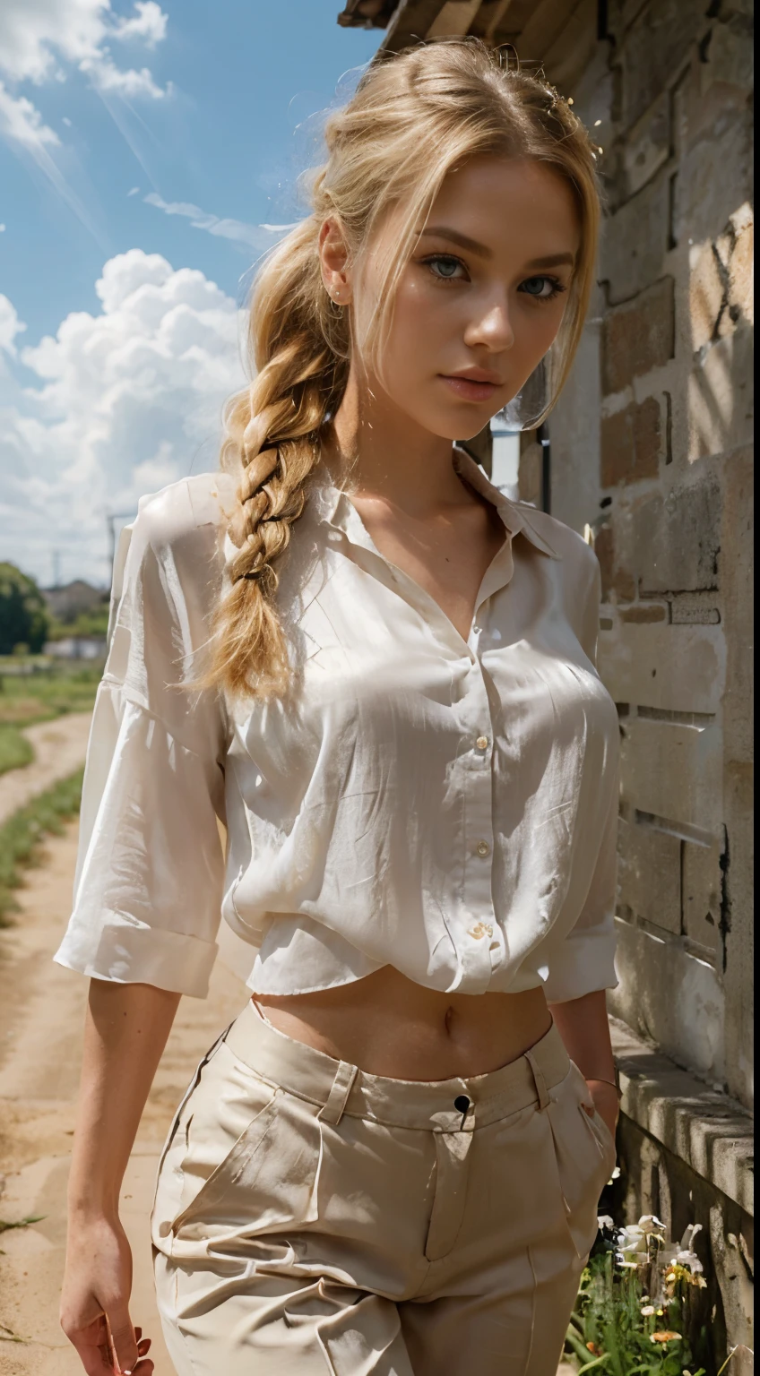 Beautiful girl, 20 years old, elongated face with smooth outlines, blonde hair, beautiful ponytail behind her head, blonde, eye makeup, designer eye cut, beautiful eyes, long eyelashes, realistic looking human, big lips, short blouse, silk blouse, silk pants, beautiful legs, slender body, beautiful body, tanned face, (realistic: 1.3), finely detailed, high quality, studio lightinasterpiece: 1.2), (photorealistic: 1.2), (best quality), (detailed skin: 1.3), (intricate detailedium breasteadow, Sun, Clouds, Field, Walking Path)