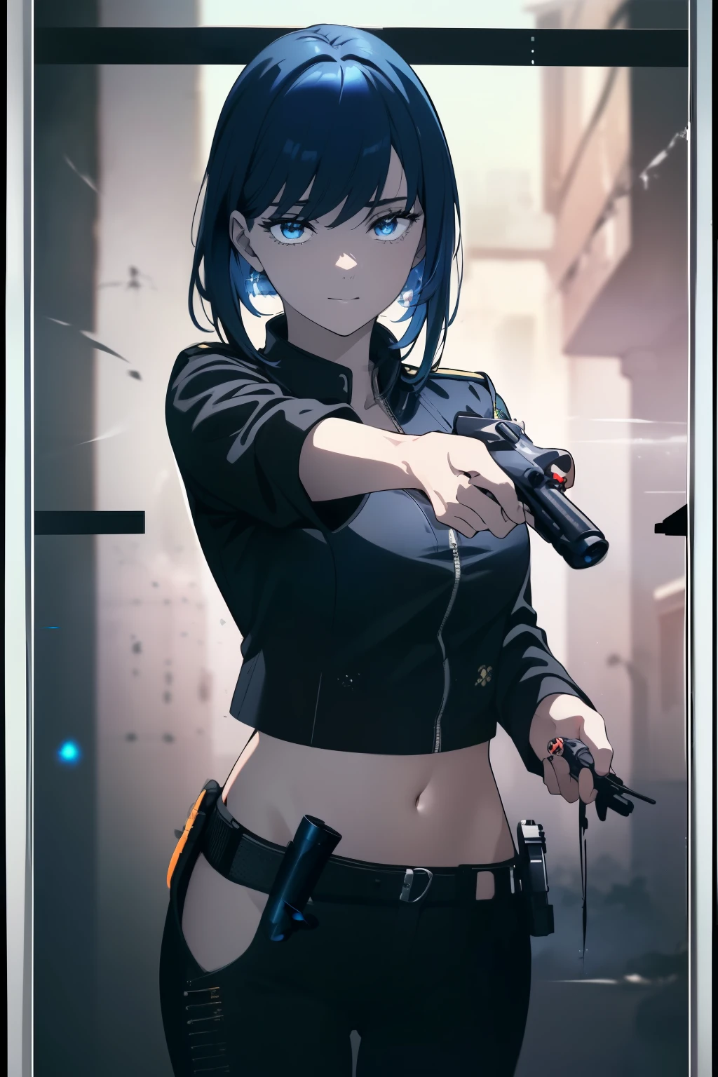 (Obra maestra, La mejor calidad, ultrahigh resolution), ((a female police officer, professional blue police uniform)), standing, (((holding pistol:0.9, gun, aiming_at_viewer:2))), (light brown, light brown hair:0.7), long hair cut, pale skin, ((blue eyes)), glowing_eyes, neon eyes, (ultra detailed eyes, beautiful and detailed face, detailed eyes), ((centered)), smile, ((wide shot)), facing viewer, eye level, (blurry background, bright summer background, summer), flat chested, looking at viewer, ((half closed eyes)), ((perfect hands)), ((head, arms, hips:0.7, elbows, in view)), empty eyes, beautiful lighting, outside, outdoors, background,