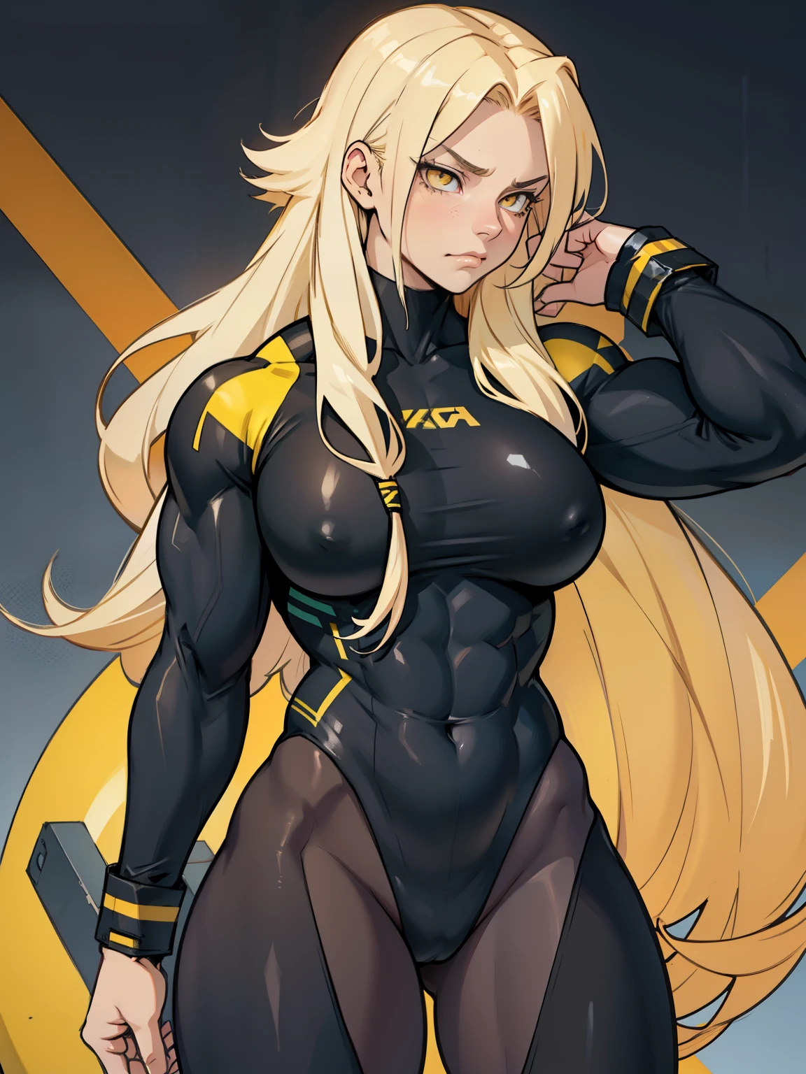 girl muscles huge breasts black long hair yellow eyes pale skin thick toned body muscular long sleeve leotard solo solo sad sad muscular muscular