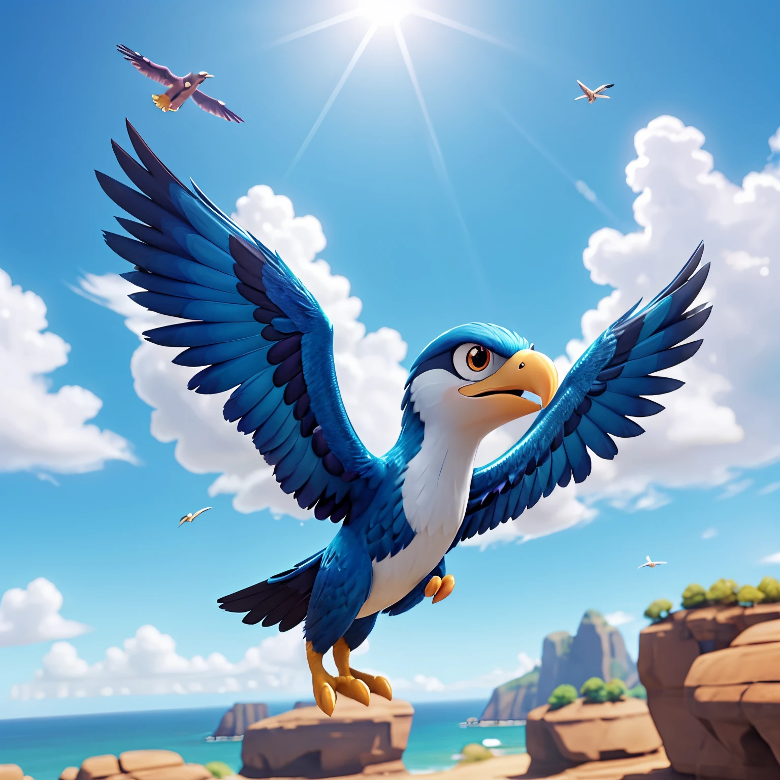 Staraptor Pokémon looking from the front, shiny version, flying and flapping its wings, its feathers are soft and its look is challenging and frightening, reminiscent of an eagle. In the background, a bright blue sky, with sunbeams in the background and a light breeze. Skype is written in the bottom right corner of the image.