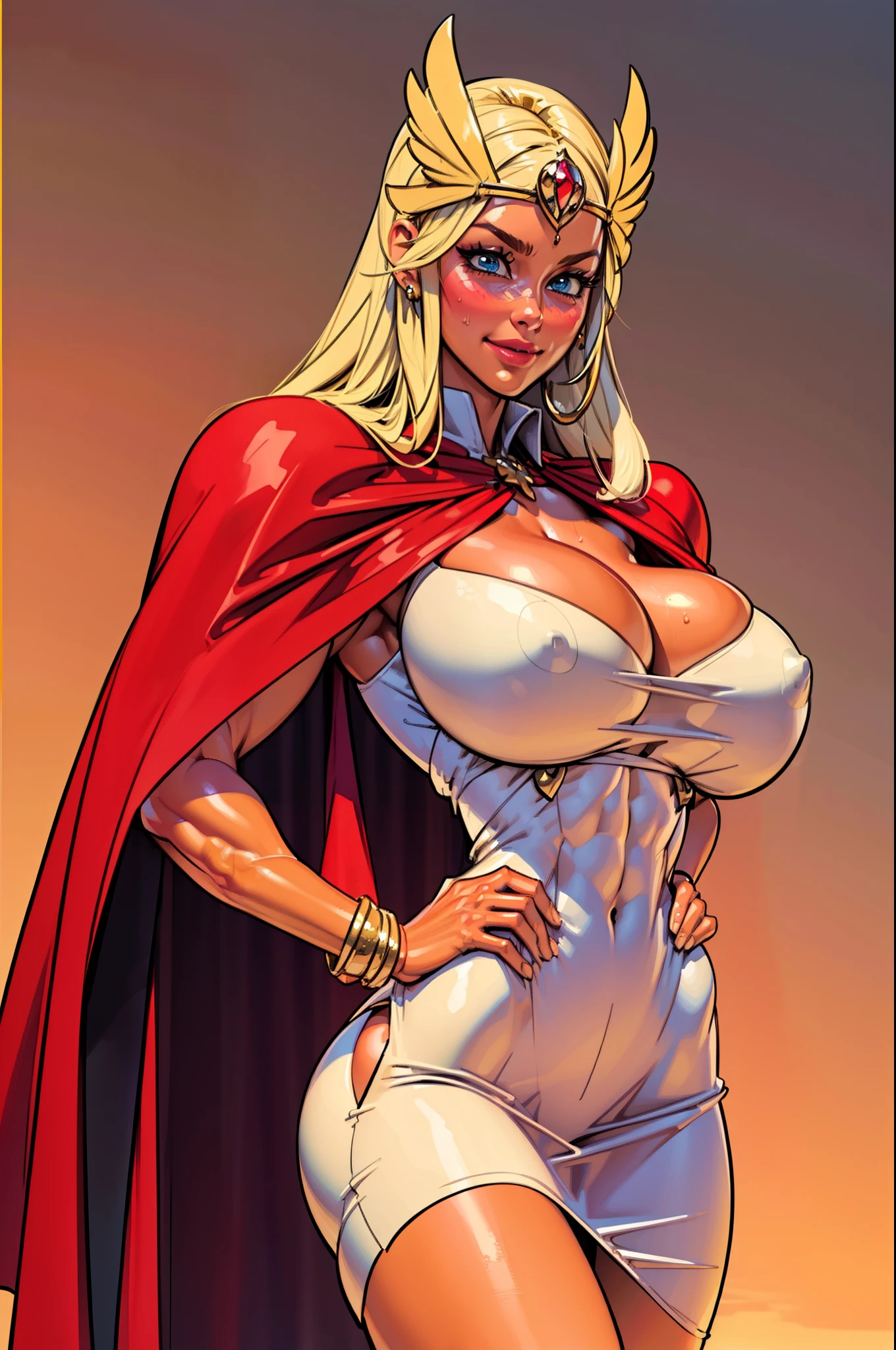 (masterpiece:1.2), (best quality:1.2), perfect eyes, perfect face, volumetric lighting, 1girl, 1boy mature female, hand on hip, flexing biceps, long hair, blonde hair, seductive smile, blush, sweat, white skirt dress, soldier \(dq3\), winged helmet, red cape, gold bracelets, abs, toned, wide hips, thick thighs, huge breasts, sky, detailed background, ((sunset ambiance light:1.0))