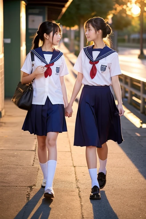 school hallway、Two beautiful girls、Same school uniform、Same sailor suit、17 age、Stunned expression、long  skirt、Bun hair、(early evening)、(Sunset)、