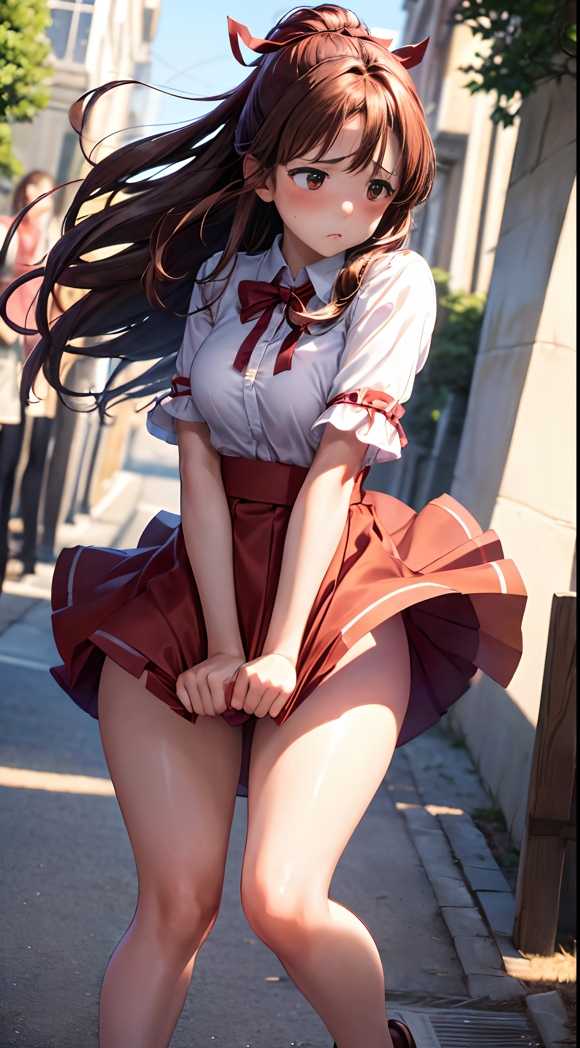1womanl,Brown hair,Red ribbons ,((Impatient expression)),Beautiful breasts,White shirt,Red dress,well-styled,,(Facing the front)(((Blushing cheeks、embarassed expression)),(((The skirt is rolled up by the wind)))