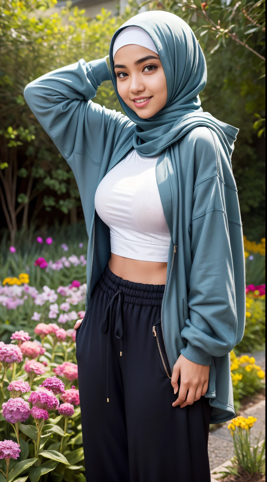 imdonesian girl in hijab wear big oversized loose hoodie and high waist pants, seating, wear back pack, front view, detail skin, detail skin texture, mole below eyes,( huge breast) , big hip, big waist, big thigh, slim abs, beautiful body, evening, laughing, happy, bright lighting, blur background,in garden flowers