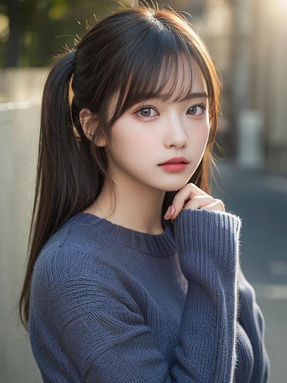 (masterpiece:1.3), (8K, Photorealsitic, Raw photography, Top image quality: 1.4), 20 year old girl、(Random hairstyles:1.2)、Super Detail Face、Eye of Detail、二重まぶた、foco nítido:1.2、prety woman:1.4、light brown hair、poneyTail、Natural Color Lip、top-quality、masterpiece、超A high resolution、(Photorealsitic:1.4)、very detailed and professional lighting、wear a dark blue sweater、slender、serious facial expression、Transparent skin、randome pose、Glowing hair、Gravure Model Pose、