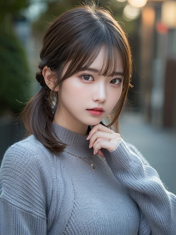 (masterpiece:1.3), (8K, Photorealsitic, Raw photography, Top image quality: 1.4), 20 year old girl、(Random hairstyles:1.2)、Super Detail Face、Eye of Detail、二重まぶた、foco nítido:1.2、prety woman:1.4、light brown hair、poneyTail、Natural Color Lip、top-quality、masterpiece、超A high resolution、(Photorealsitic:1.4)、very detailed and professional lighting、wear a dark blue sweater、slender、serious facial expression、Transparent skin、randome pose、Glowing hair、Gravure Model Pose、