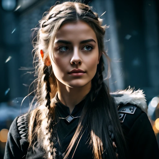 Ultra realistic, natural face and body structure, A Völva was a woman in the Viking age who practiced magic, known as Seidr (in old Norse seiðr),a beautifull  majestic Raven sitting on the right shoulder by the magic Völva from Northman Sagas,High detailed ,high_school_girl,jp_school_uniform,ultra-detailliert, Meisterwerk, realistic, high_resolution,ultra high Details, beste Qualität,photorealistic, hyperrealistisches, cinematic, 4k,8k, ,photo r3al