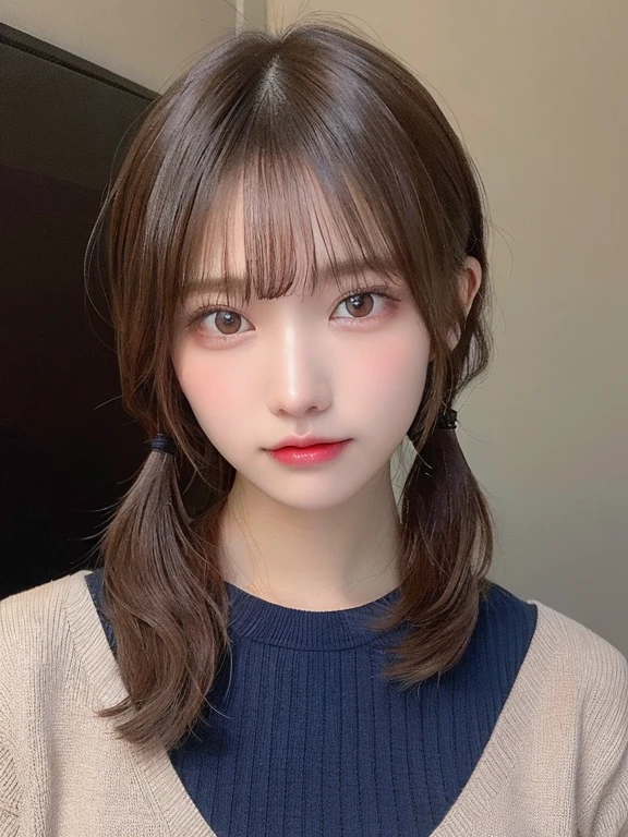 (masterpiece:1.3), (8K, Photorealsitic, Raw photography, Top image quality: 1.4), 20 year old girl、(Random hairstyles:1.2)、Super Detail Face、Eye of Detail、二重まぶた、foco nítido:1.2、prety woman:1.4、light brown hair、poneyTail、Natural Color Lip、top-quality、masterpiece、超A high resolution、(Photorealsitic:1.4)、very detailed and professional lighting、wear a dark blue sweater、slender、serious facial expression、Transparent skin、randome pose、Glowing hair、Gravure Model Pose、