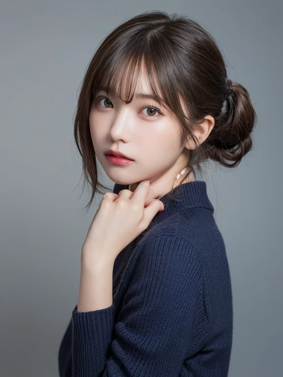 (masterpiece:1.3), (8K, Photorealsitic, Raw photography, Top image quality: 1.4), 20 year old girl、(Random hairstyles:1.2)、Super Detail Face、Eye of Detail、二重まぶた、foco nítido:1.2、prety woman:1.4、light brown hair、poneyTail、Natural Color Lip、top-quality、masterpiece、超A high resolution、(Photorealsitic:1.4)、very detailed and professional lighting、wear a dark blue sweater、slender、serious facial expression、Transparent skin、randome pose、Glowing hair、Gravure Model Pose、