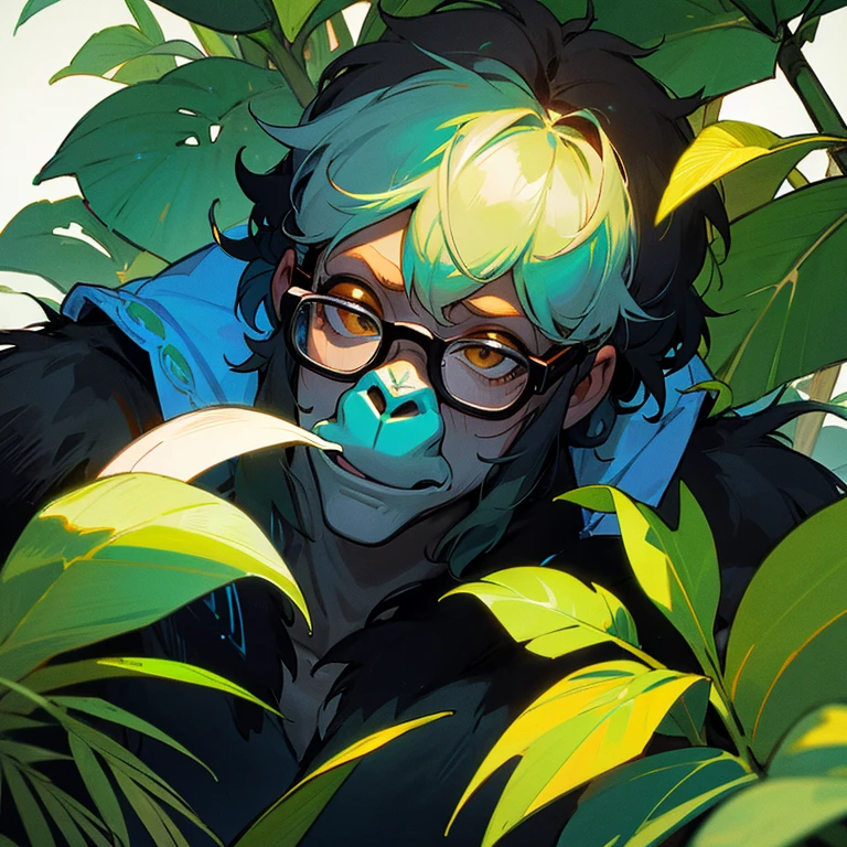 Mountain gorilla, wearing glasses, drinking a coconut, in the jungle, gorilla is looking at the camera, psychedelic colours
