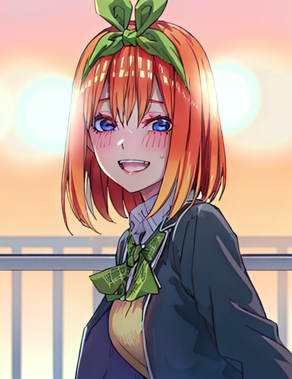 (masutepiece), A sexy、Natural light, Photorealistic, Cameltoe, diffuse glow, depth of fields, big eye、profetional lighting、headband is green、Blue eyes、A smile、Hair is orange、hairstyle is short bob、Black Blazer、White shirt、yellow vest sweater、Sunset background、