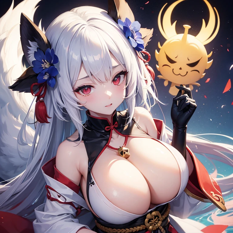 Kitsune, Retrato de Onmyoji, Chica de anime demonio, Deidad de pelo blanco, Arte de cuerpo completo, con ojos rojos, tatuajes en el pecho,cuerpo y,best_quality,Sexig Breastc pose
