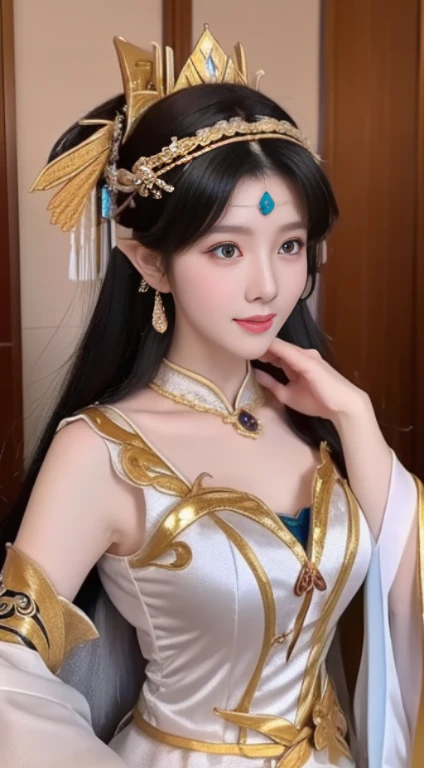 Fantastic beautiful background,There is a strong sense of layering,Diao Chan in Glory of Kings is a beautiful and charming character,Her physical characteristics are as follows: Long gray hair:The fur of the mink cicada is usually long black or dark red hair..,The shawl fell off,Sometimes combed into different hairstyles,It is common to have double ponytails tied at the sides or draped loosely over the shoulders。 with eyes:She has big, Eyes are bright,Usually flexible semi-curved shape,Eyes dark black or brown。 eyebrows very:Diao Chan’s eyebrows are long and elegant,You can apply some delicate eyebrow makeup,Make the entire face more three-dimensional and refined。 the face:Her face shape is usually slender、soft oval,with fairness and ,Delicatemakeup。Her facial features are evenly distributed,The forehead is very wide,The nose is straight,lush lips。 garments:Diao Chan likes to wear gorgeous clothes,Often choose clothing inspired by ancient Chinese court costumes。Common clothing features include robes and intricate embroidery。Color aspect,she often wears red clothes、Purple or gold clothing,Show her nobility and charm。 Trinkets:Diao Chan usually wears some gorgeous accessories to add to her style,Such as headdresses、ear nipple ring、Necklaces and bracelets, ETC。These jewelry are usually made of metal,and inlaid with gems or pearlake her more radiant。 all-inclusive,Diao Chan’s facial features reveal her magnificence and mystery,By describing these characteristics in detail,Long legs and bare breasts