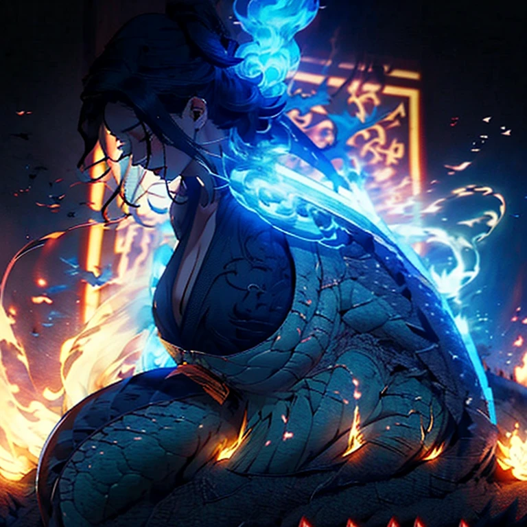 The woman is lying on top of a dragon's  and the dragon is blowing fire, seios, tail, buceta, , Asas, dentes afiados, Chifres, sexo