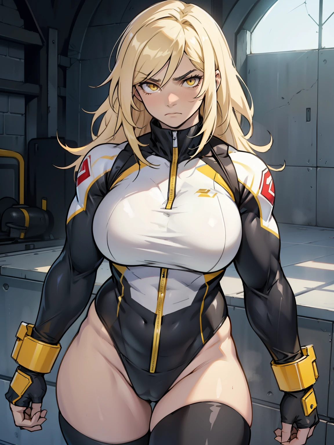 girl muscles huge breasts black long hair yellow eyes pale skin thick toned body muscular long sleeve leotard solo solo sad sad muscular muscular
