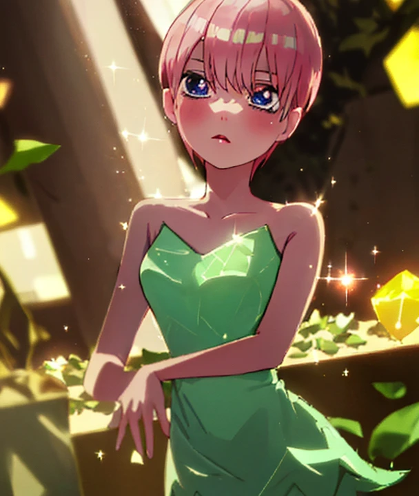 masterpiece, best quality, illustration, sax blue, platinum, 1girl, cute, (dynamic lighting:1.2), cinematic lighting, delicate facial features, detailed eyes, sharp pupils, realistic pupils, depth of field, bokeh, sharp focus, (hyper-detailed, bloom, glow:1.4), many small gems, crystal, ichika nakano, pretty teenage girl with pink short hair, aaichika, Nakano Ichima from The Quintessential Quintuplets, Ichika Nakano dressed up as Tinkerbell, masterpiece, 4k, ultradetailed, cowboy shot, nakano ichika, short pink hair, sparkling blue eyes, wearing a dress made of leaves, green crystal leaves dress, Tinkerbell, Fairy dust