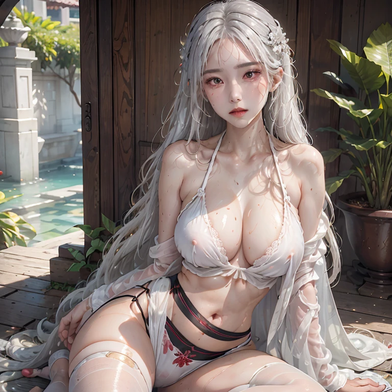 Sweating all over，hair wet，thigh open legs，White hair，red eyes，trpical garden，Highest image quality，A beautyful girl，lace bikini，，pair，Raised sexy，the only person，Sit on the floor，Elegance，cute big breasts，prank bangs，Depiction of thighs and above，Natural soft light，facing to audience，exquisite facial features，Glowing skin，Eyes as bright as jewels，Rich paint color Hong Kong style，Long hair shawl，Chest，cropped shoulderull bodyesbian, Clear liquid drips from the crotch, The front of the shirt is exposed, The are visible, Transparent,Wet skin，wet face，