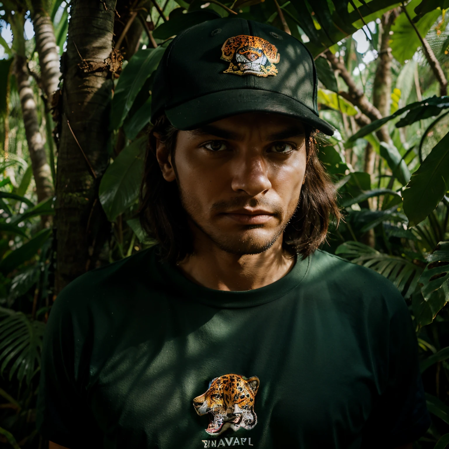 Jaguar roaring, looking at camera, wearing baseball cap, in the jungle, psychedelic forest around, male jaguar, angry, psychedelic
