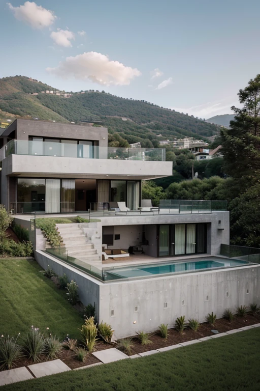 modern house, house on a hillside with a 20% slope, Subtle detailing, distant exterior view, Isometric view of the complete house, observer from below, glass railing in the house
