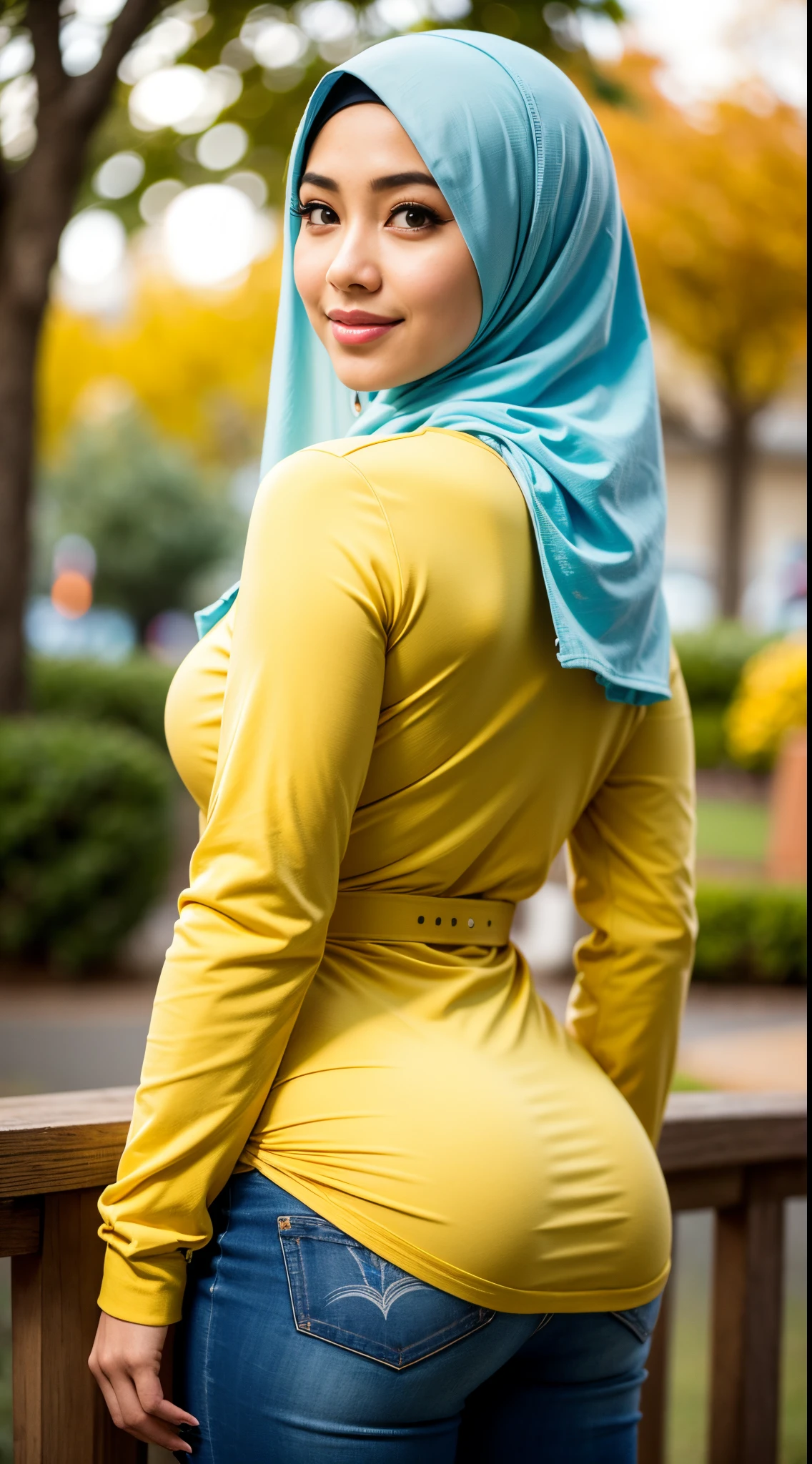 1 Malay girl, modern plain hijab, shy, medium portrait, watery eyes, RAW, Best quality, high resolution, masterpiece: 1.3), beautiful Malay woman in hijap:0.8),perfect nose,perfect lips, perfect eyes, detail :1.2), soft smile,Beautiful woman wearing a hijap, wearing a long turkneck t-shirt, thick waist, beautiful fitting breastig breasts, curvy booty, long eyelashes, thin smile, thick thighs, strong calves, She wears a yellow jacket, tight casual pants, belt, he waiting in the park, photorealistic, Masterpiece, bokeh, Volumetric lighting, Autumn mood, beautiful buttocks, beautiful buttocks, from behind, (looking at the audience) , looking back, facial details, double eyelids, smiling)