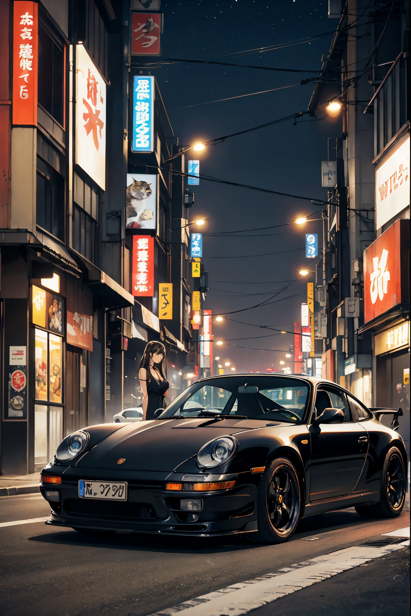 fast and furious with cats, streets of tokyo japan, image of porsche 911, dark brown tabby cat sitting beside car, highly detailed cat, correct proportions, night time, street lights, convenience store in background behind car, 1car