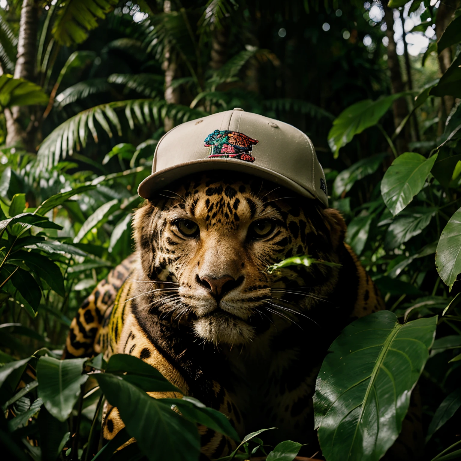 Jaguar roaring, looking at camera, wearing baseball cap, in the jungle, psychedelic forest around