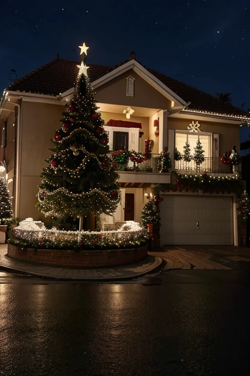 House with Christmas decoration, Decorated Christmas Tree, noite