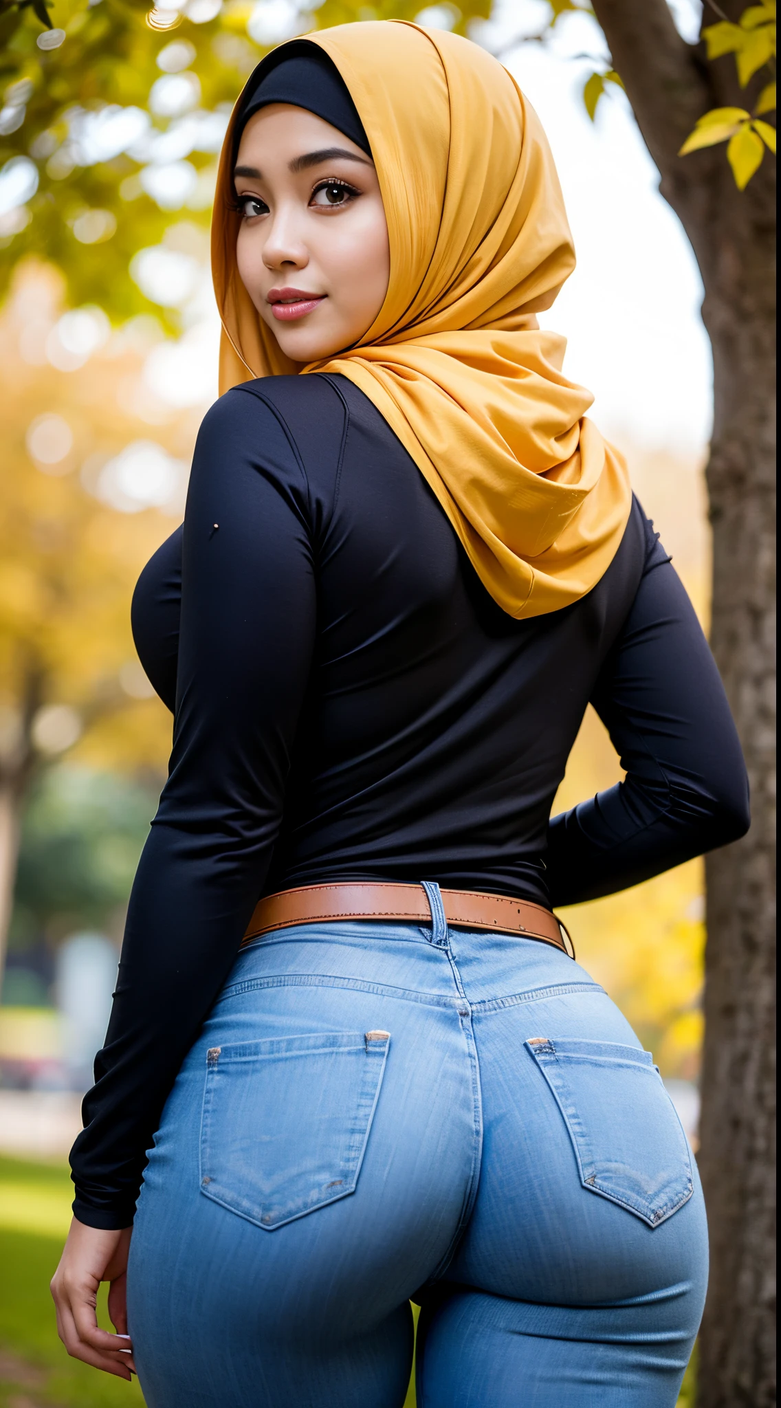 1 Malay girl, modern plain hijab, shy, medium portrait, watery eyes, RAW, Best quality, high resolution, masterpiece: 1.3), beautiful Malay woman in hijap:0.8),perfect nose,perfect lips, perfect eyes, detail :1.2), soft smile,Beautiful woman wearing a hijap, wearing a long turkneck t-shirt, thick waist, beautiful fitting breastig breasts, curvy booty, long eyelashes, thin smile, thick thighs, strong calves, She wears a yellow jacket, tight casual pants, belt, he waiting in the park, photorealistic, Masterpiece, bokeh, Volumetric lighting, Autumn mood, beautiful buttocks, beautiful buttocks, from behind, (looking at the audience) , looking back, facial details, double eyelids, smiling)