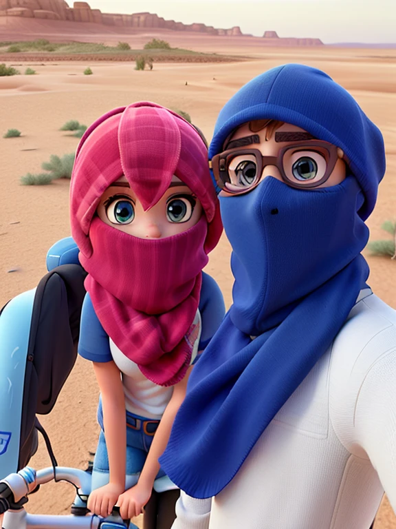 desierto del Sahara, selfie en pareja, chico tapado con velo azul, chica tapada con velo rosa, solo se ven ojos, scarf covers face, desierto, calor, profundidad, disney pixar