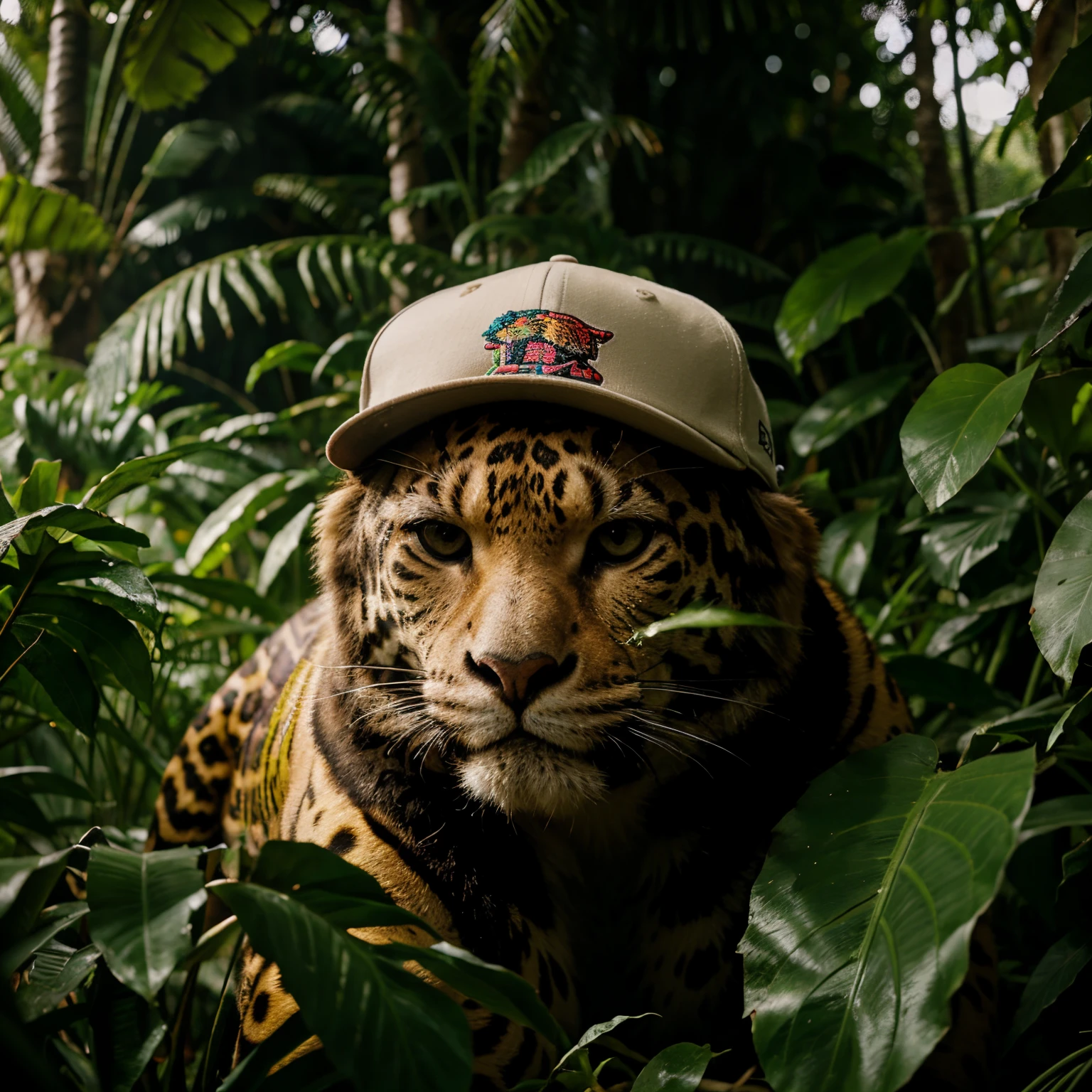 Jaguar  roaring, looking at camera, wearing baseball cap, in the jungle, psychedelic forest around, t shirt design