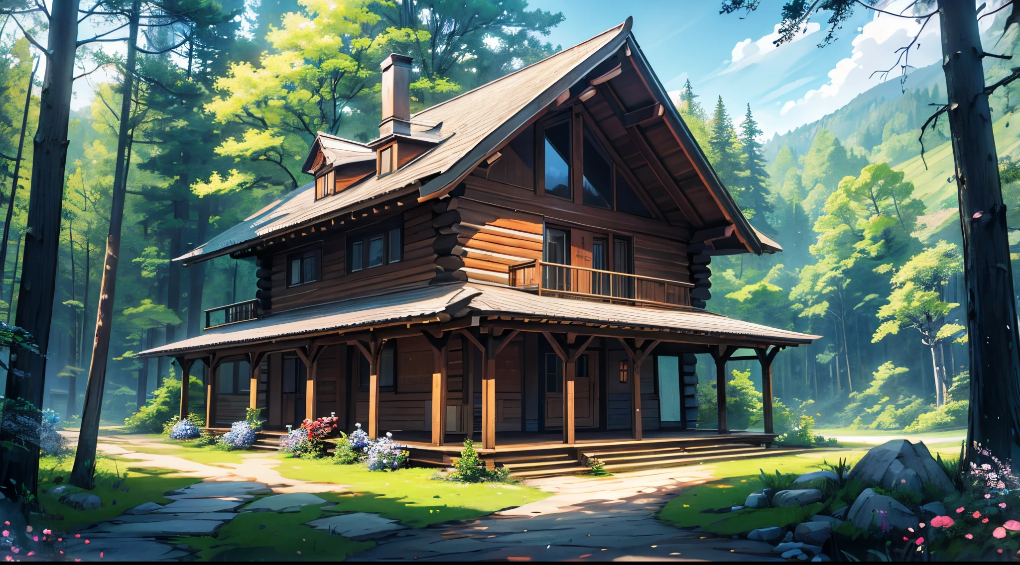 Beautiful wooden cabin, wooden family house, luxurious house, vast forest, flowering trees, silence and tranquility.