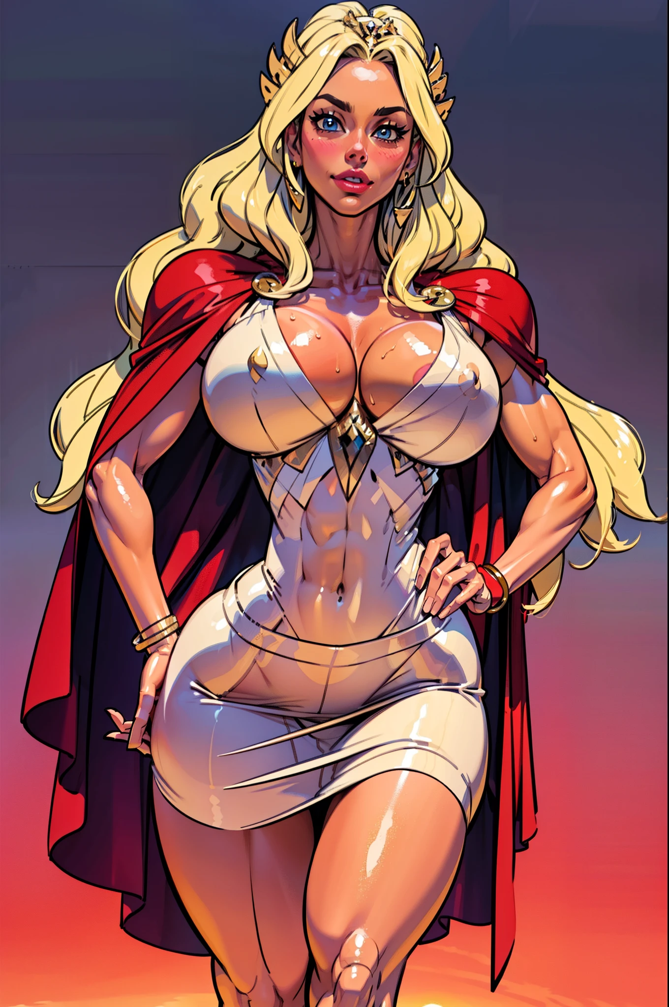 (masterpiece:1.2), (best quality:1.2), perfect eyes, perfect face, volumetric lighting, 1woman, female, mature face, (puffy lips), hand on hip, flexing biceps, long hair, (voluminous wavy hair), blonde hair, seductive smile, blush, sweat, white skirt dress, soldier \(dq3\), winged helmet, red cape, gold bracelets, abs, toned, wide hips, thick thighs, huge breasts, sky, detailed background, ((sunset ambiance light:1.0))